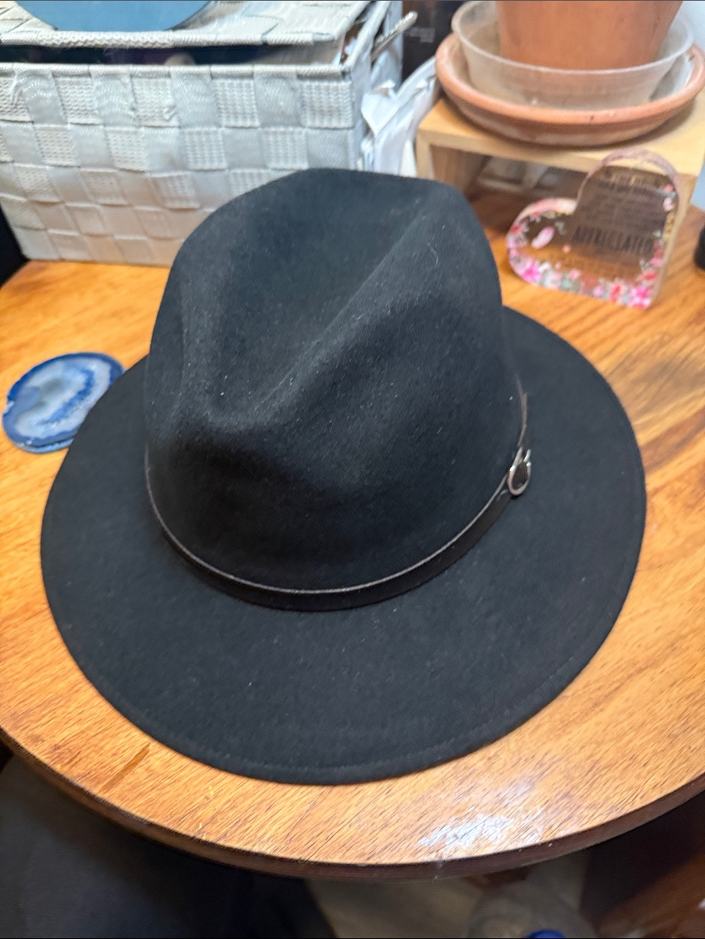 Black Wide-Brim Fur Felt Wool Fedora with Leather Band